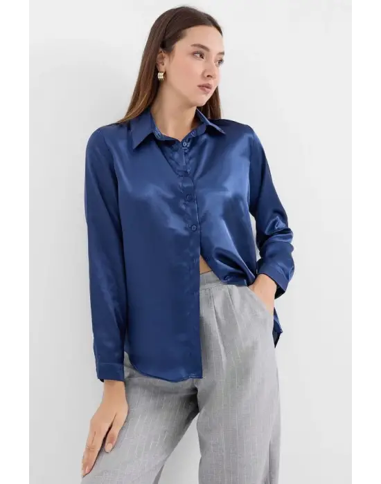 3964 Hafif Dökümlü Saten Gömlek - Lacivert