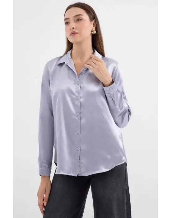 3964 Hafif Dökümlü Saten Gömlek - Lila
