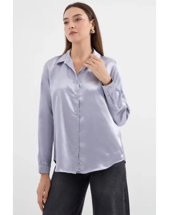 3964 Hafif Dökümlü Saten Gömlek - Lila