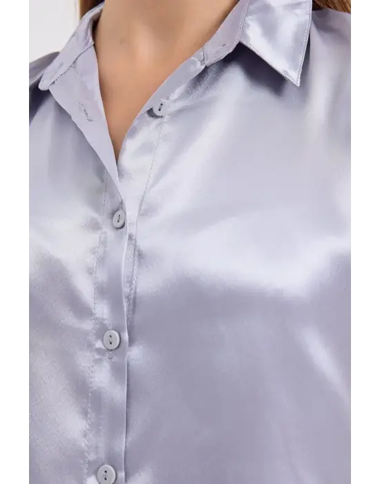 3964 Hafif Dökümlü Saten Gömlek - Lila