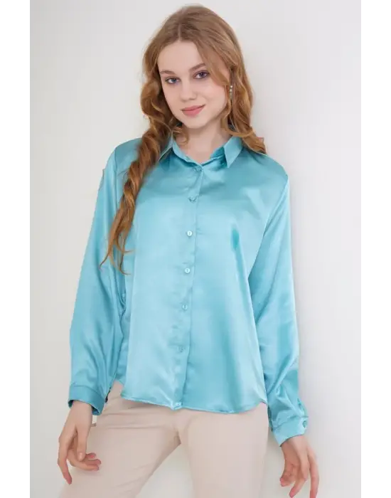 Modern Saten Gömlek - Mint