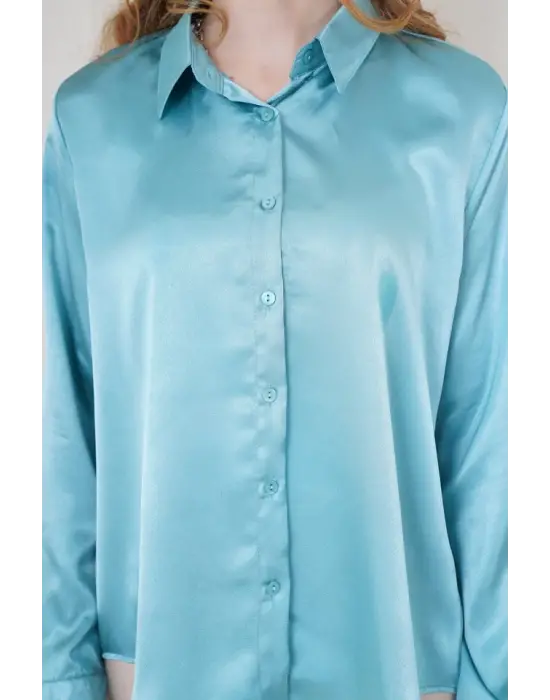 3964 Hafif Dökümlü Saten Gömlek - Mint