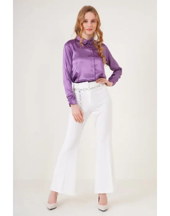 3964 Hafif Dökümlü Saten Gömlek - Mor