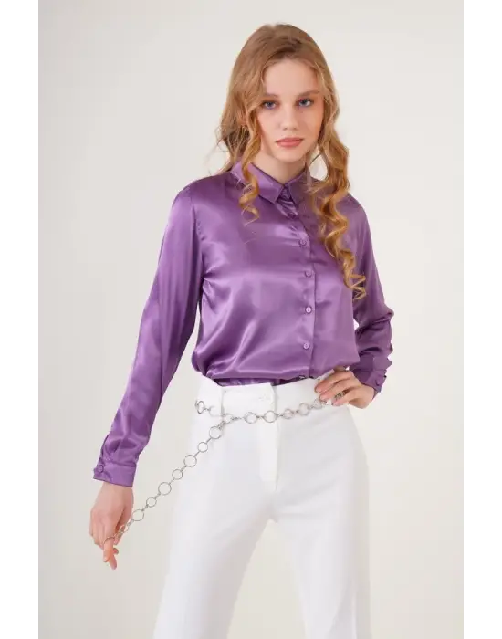 3964 Hafif Dökümlü Saten Gömlek - Mor
