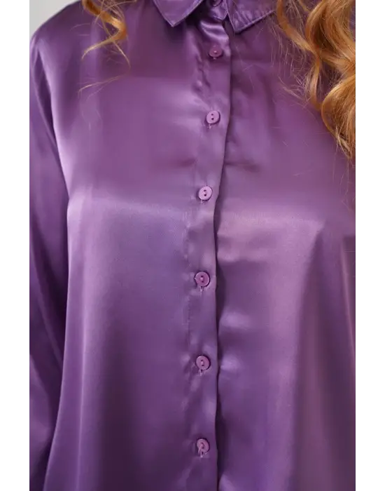 3964 Hafif Dökümlü Saten Gömlek - Mor