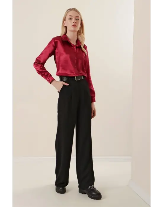 3964 Hafif Dökümlü Saten Gömlek - Mürdüm