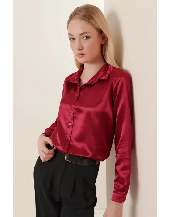 3964 Hafif Dökümlü Saten Gömlek - Mürdüm