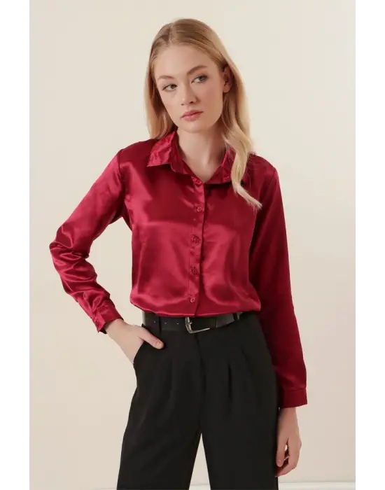 3964 Hafif Dökümlü Saten Gömlek - Mürdüm