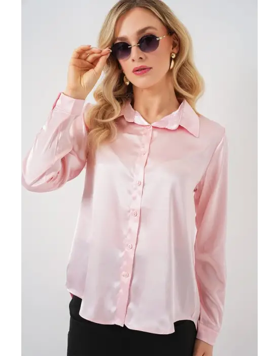 3964 Hafif Dökümlü Saten Gömlek - Pembe