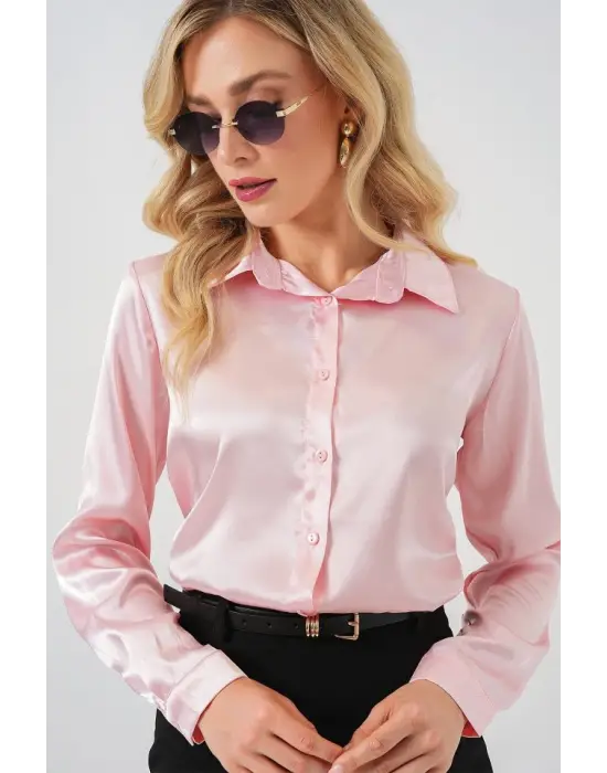 3964 Hafif Dökümlü Saten Gömlek - Pembe
