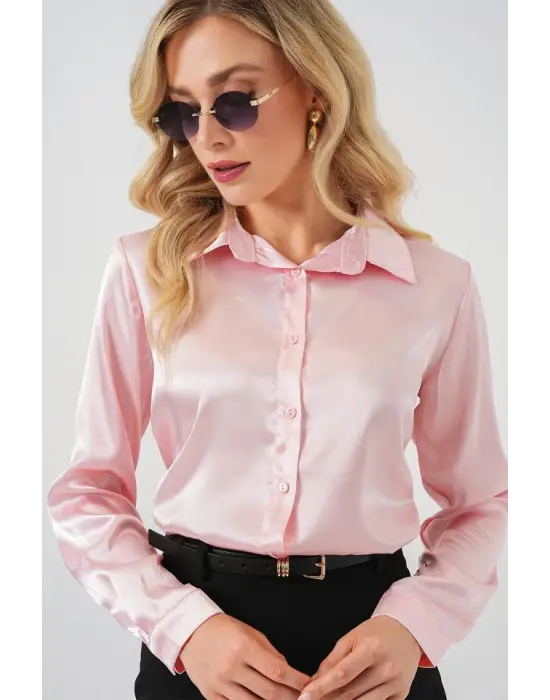3964 Hafif Dökümlü Saten Gömlek - Pembe