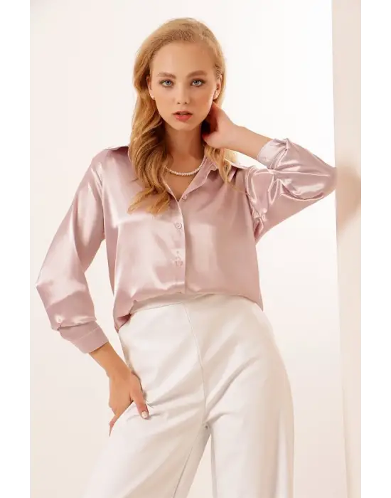 3964 Hafif Dökümlü Saten Gömlek - Pudra
