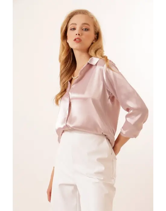 3964 Hafif Dökümlü Saten Gömlek - Pudra
