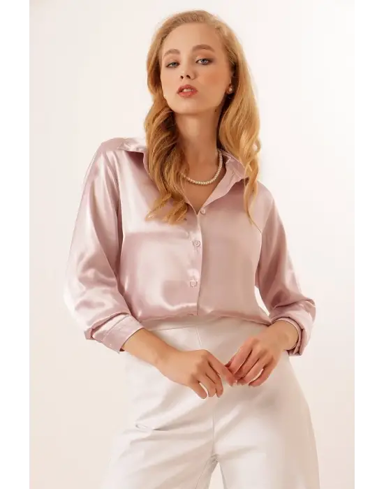 3964 Hafif Dökümlü Saten Gömlek - Pudra