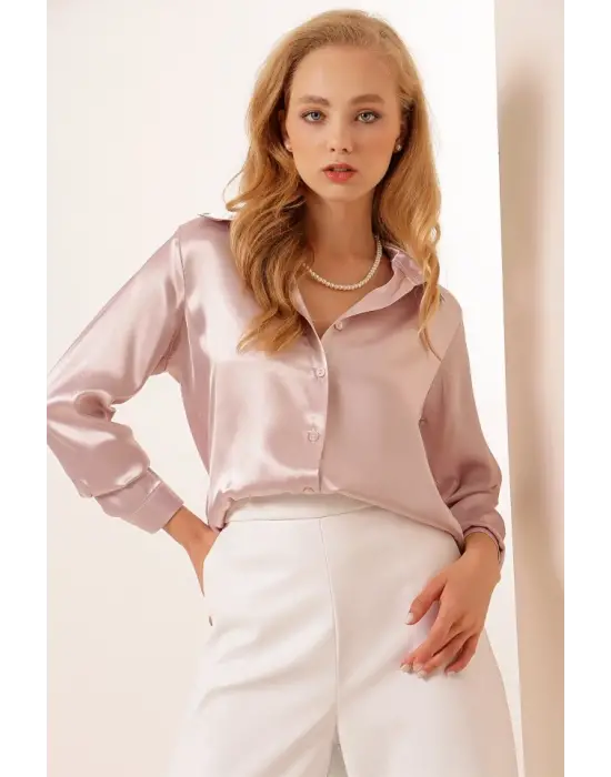 3964 Hafif Dökümlü Saten Gömlek - Pudra