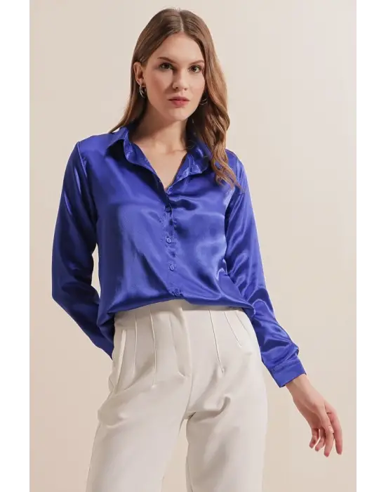 3964 Hafif Dökümlü Saten Gömlek - Saks