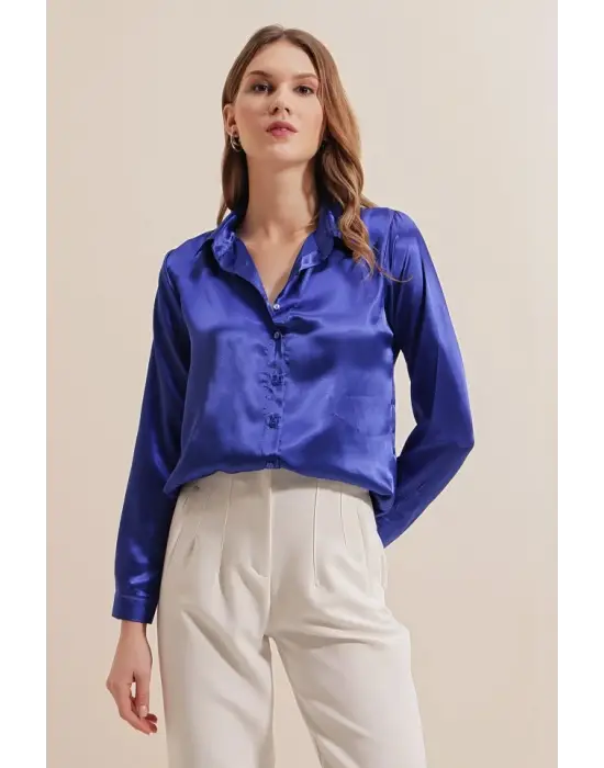 3964 Hafif Dökümlü Saten Gömlek - Saks