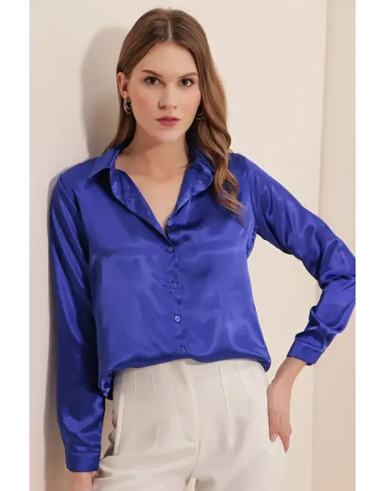 3964 Hafif Dökümlü Saten Gömlek - Saks