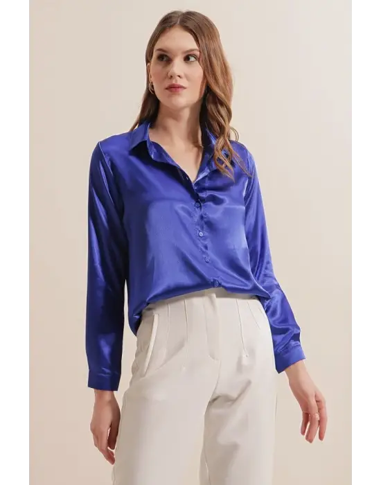 3964 Hafif Dökümlü Saten Gömlek - Saks