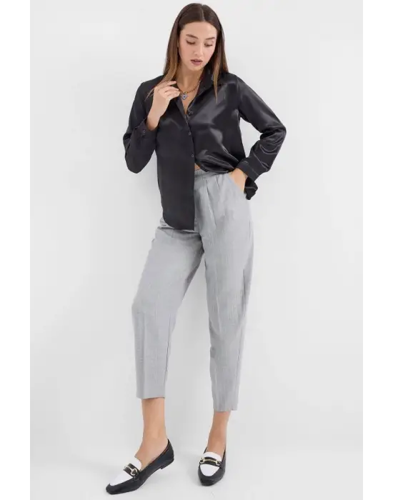 3964 Hafif Dökümlü Saten Gömlek - Siyah