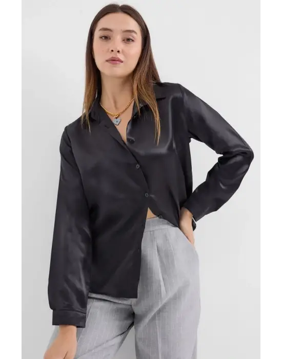 3964 Hafif Dökümlü Saten Gömlek - Siyah