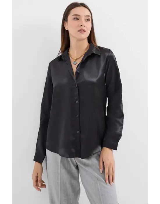 3964 Hafif Dökümlü Saten Gömlek - Siyah