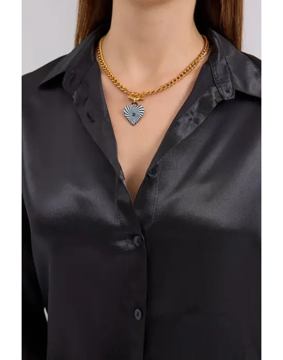 3964 Hafif Dökümlü Saten Gömlek - Siyah