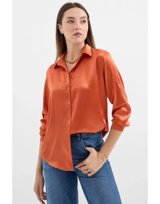 3964 Hafif Dökümlü Saten Gömlek - Turuncu