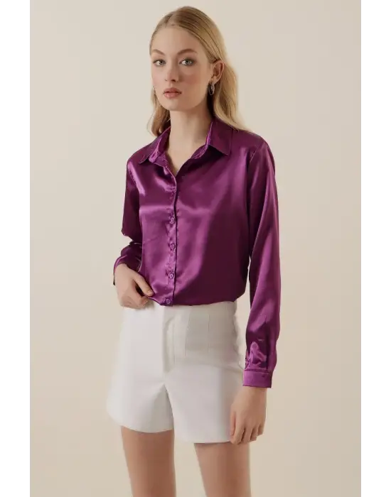 3964 Hafif Dökümlü Saten Gömlek - Y. Mor
