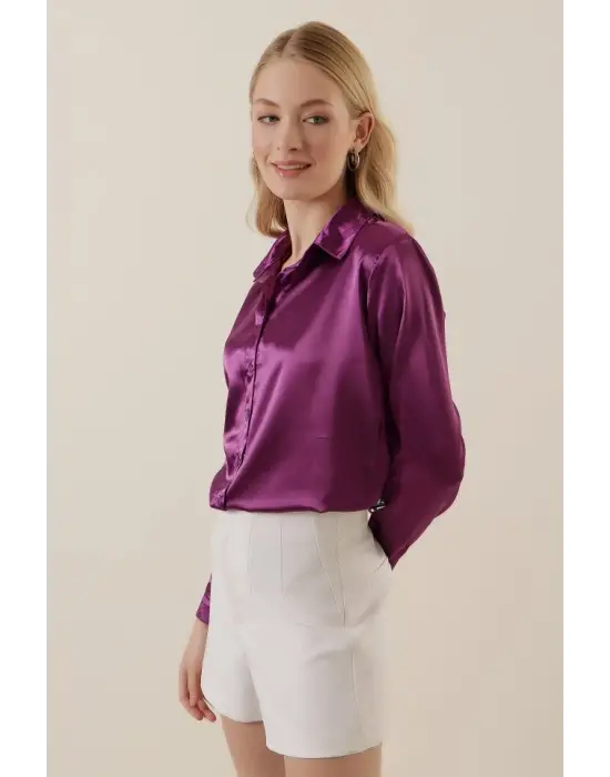 3964 Hafif Dökümlü Saten Gömlek - Y. Mor