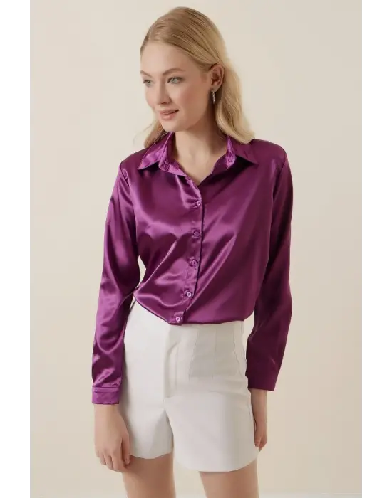 3964 Hafif Dökümlü Saten Gömlek - Y. Mor