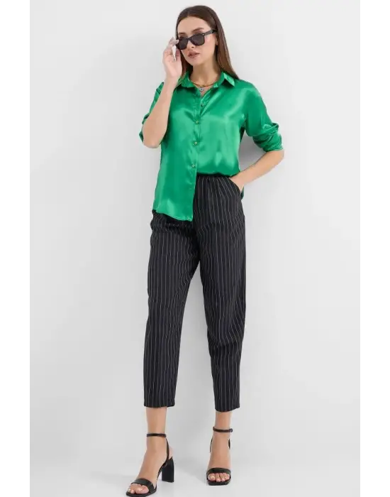 3964 Hafif Dökümlü Saten Gömlek - Yeşil