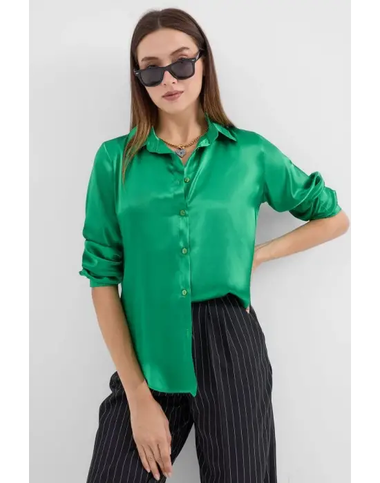 3964 Hafif Dökümlü Saten Gömlek - Yeşil