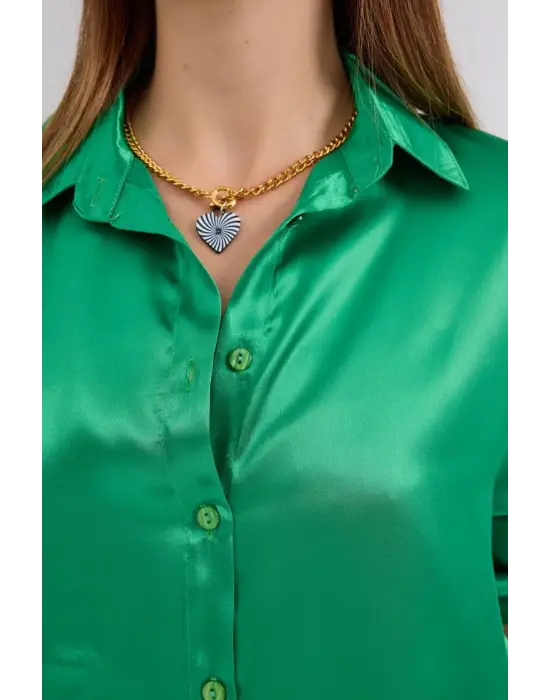 3964 Hafif Dökümlü Saten Gömlek - Yeşil