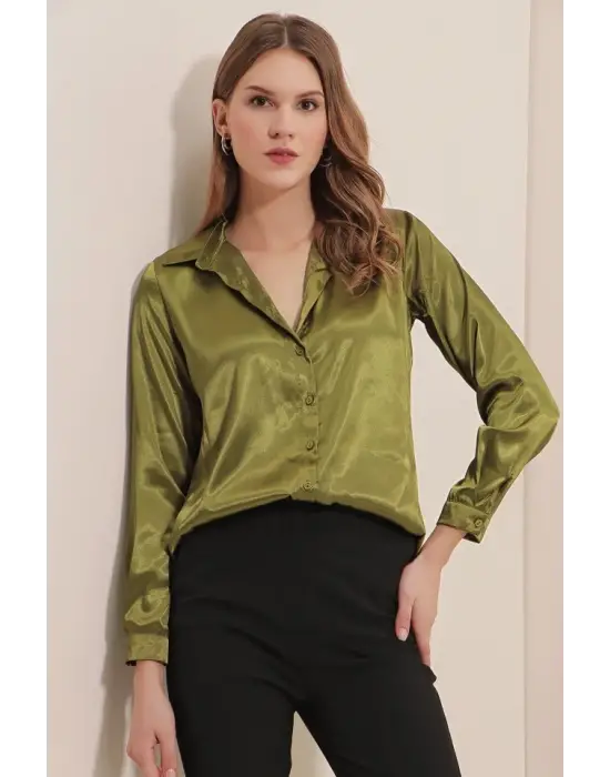 3964 Hafif Dökümlü Saten Gömlek - Y.Haki