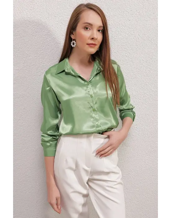 3964 Hafif Dökümlü Saten Gömlek - Y.Yeşil