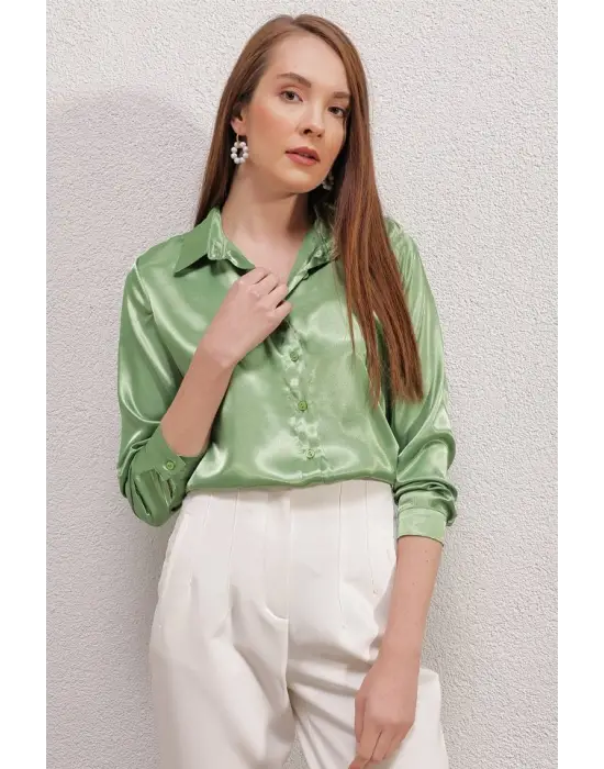 3964 Hafif Dökümlü Saten Gömlek - Y.Yeşil