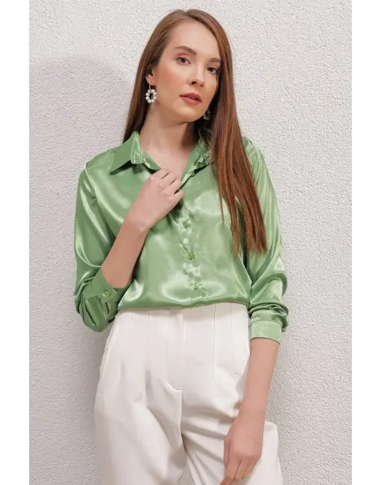 3964 Hafif Dökümlü Saten Gömlek - Y.Yeşil