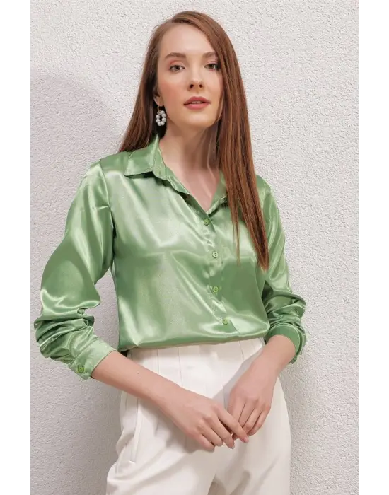 3964 Hafif Dökümlü Saten Gömlek - Y.Yeşil