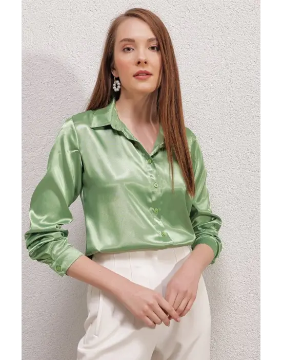 3964 Hafif Dökümlü Saten Gömlek - Y.Yeşil