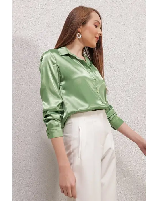 3964 Hafif Dökümlü Saten Gömlek - Y.Yeşil
