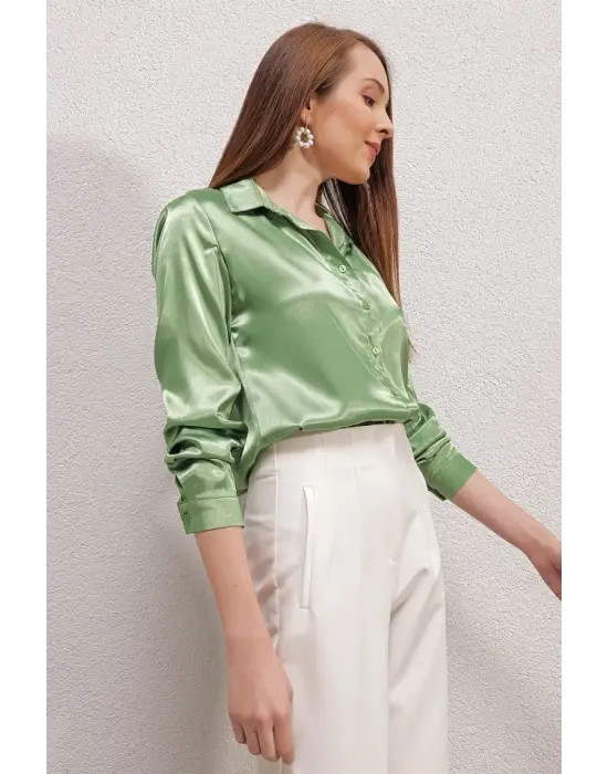 3964 Hafif Dökümlü Saten Gömlek - Y.Yeşil