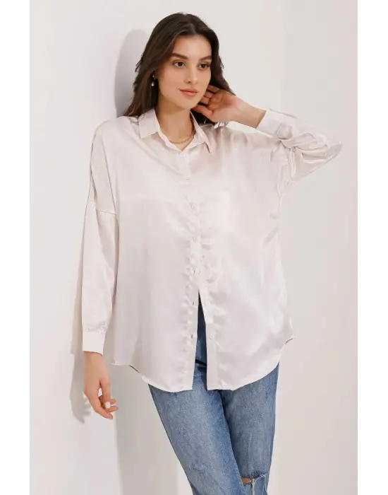 3985 Oversize Saten Gömlek - Bej