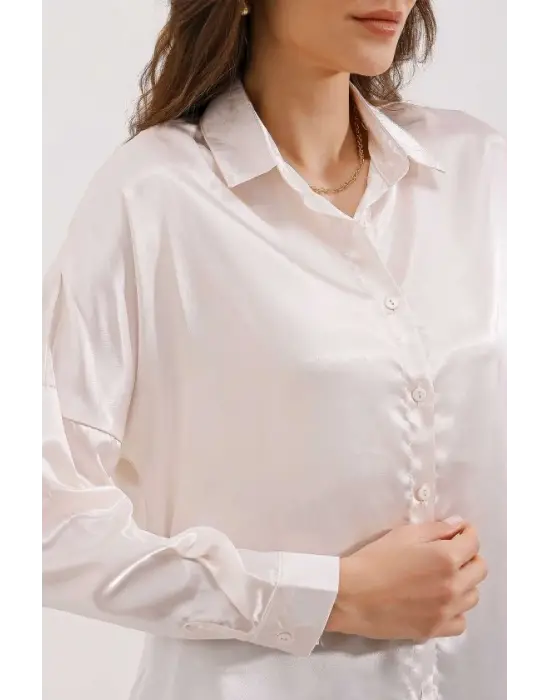 3985 Oversize Saten Gömlek - Bej