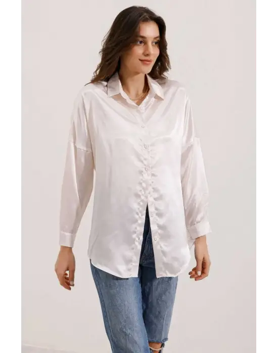 3985 Oversize Saten Gömlek - Bej