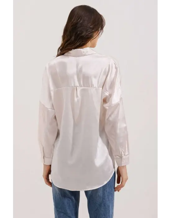 3985 Oversize Saten Gömlek - Bej