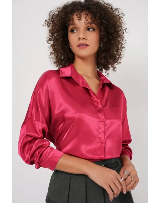 3985 Oversize Saten Gömlek - Bordo