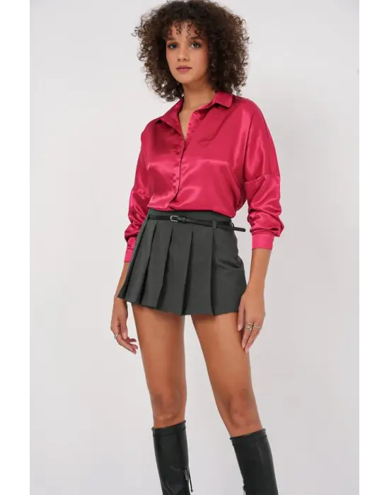 3985 Oversize Saten Gömlek - Bordo
