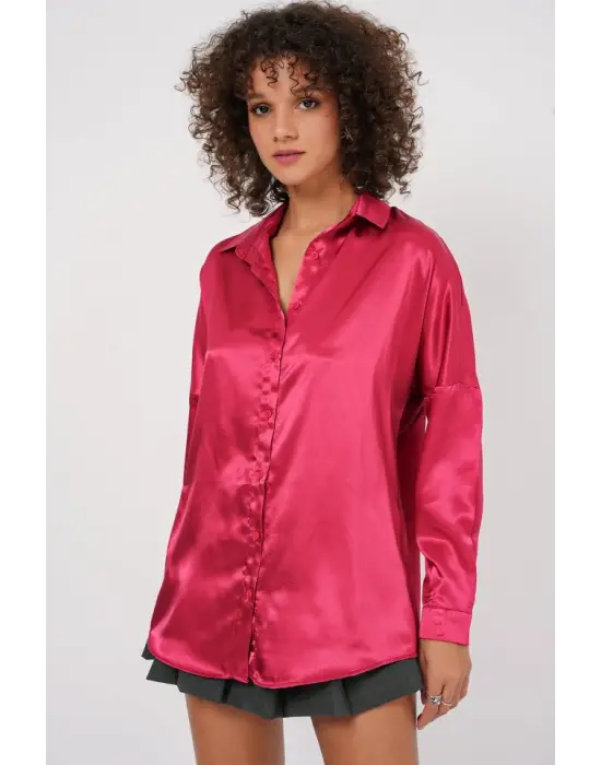 3985 Oversize Saten Gömlek - Bordo
