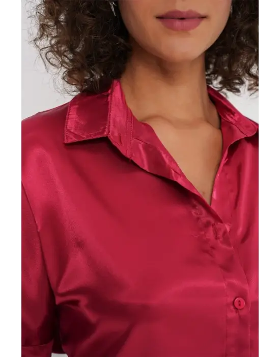 3985 Oversize Saten Gömlek - Bordo
